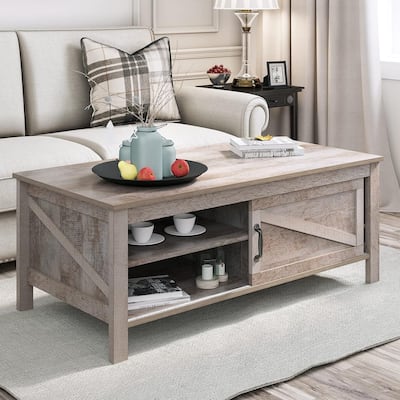 Moasis Farmhouse Rectangle 2-Tier Coffee Table with Adjustable Shelves & Sliding Barn Door