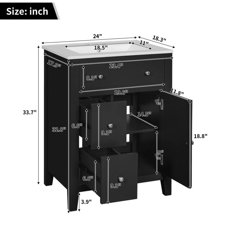 24'' Freestanding Bathroom Vanity with White Integrated Ceramic Sink - 24'' x 18.3'' x 33.7''