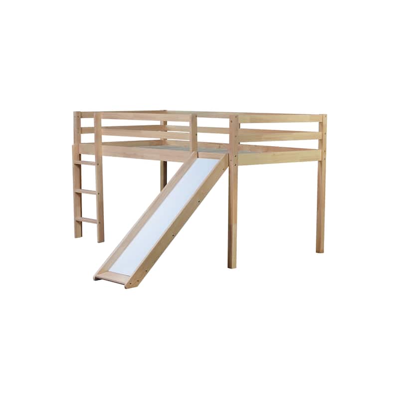 Twin Low Loft Bed Frame with Smooth Slide, Ladder, Safety Guardrails, Durable Rubber Wood Loft Bed with Underbed Storage