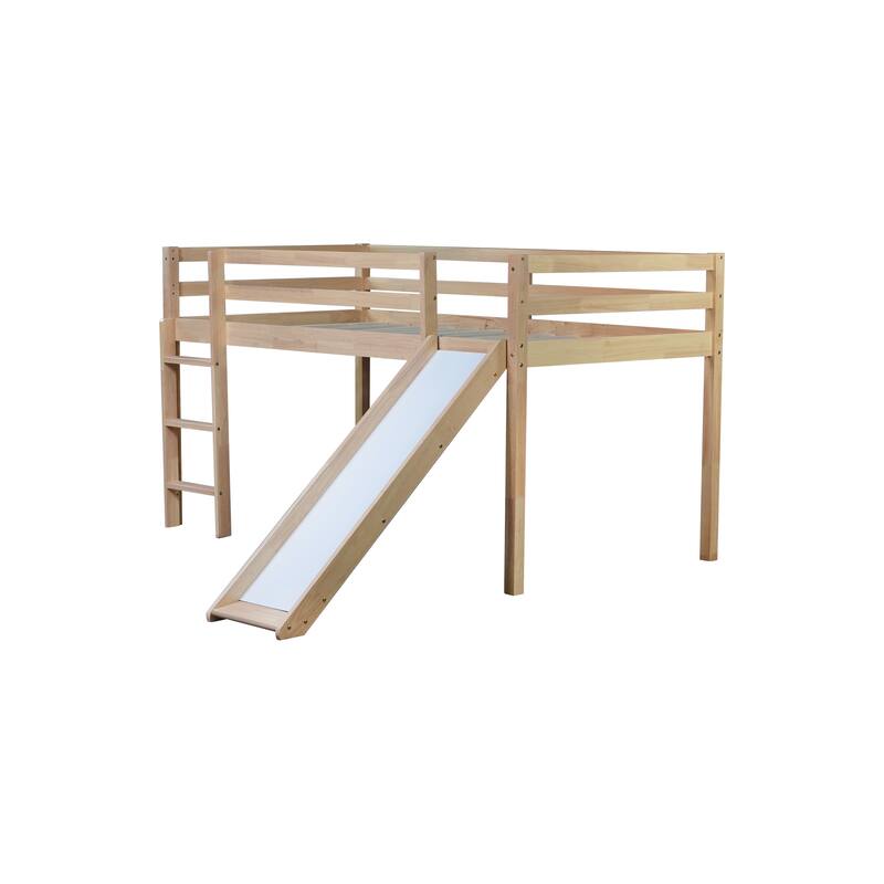 Twin Low Loft Bed with Slide, Ladder, and Storage Space, Rubber Wood Construction with High Guardrails for Safety