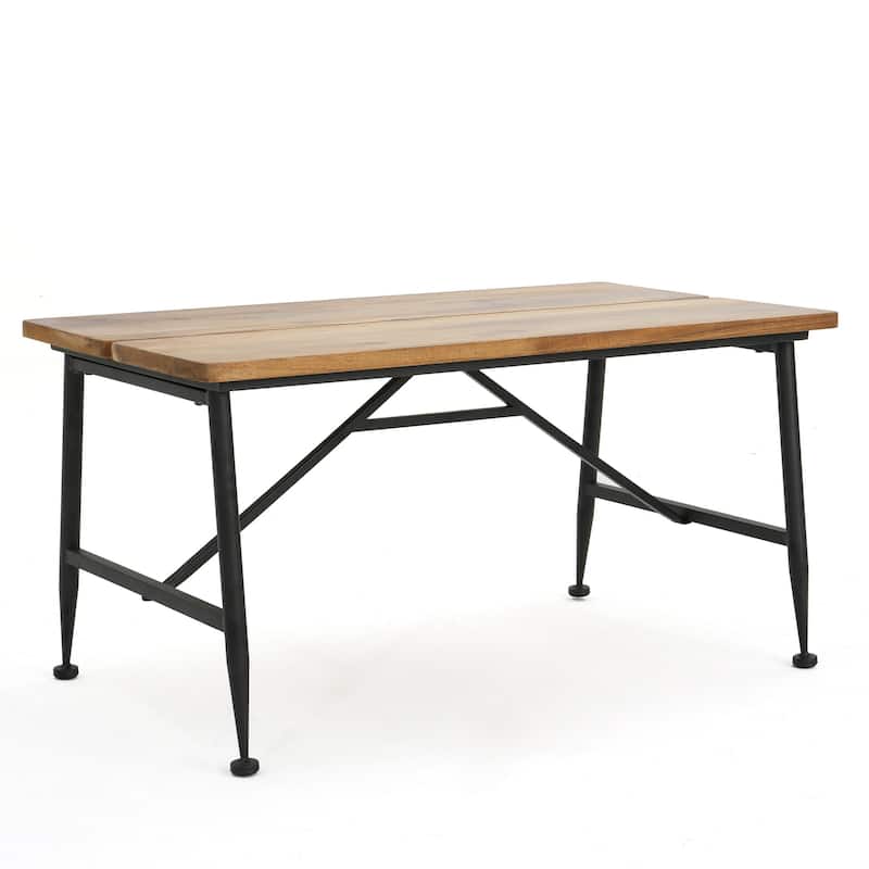 Cala Outdoor Coffee Table, 36 Inch Brown Acacia Wood, Black Metal