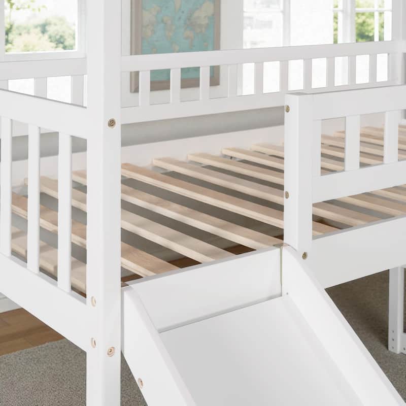 Twin Loft Bed with Slide and Storage Steps, House-Style Kids Bed with Two Drawers and Play Area, No Box Spring Needed