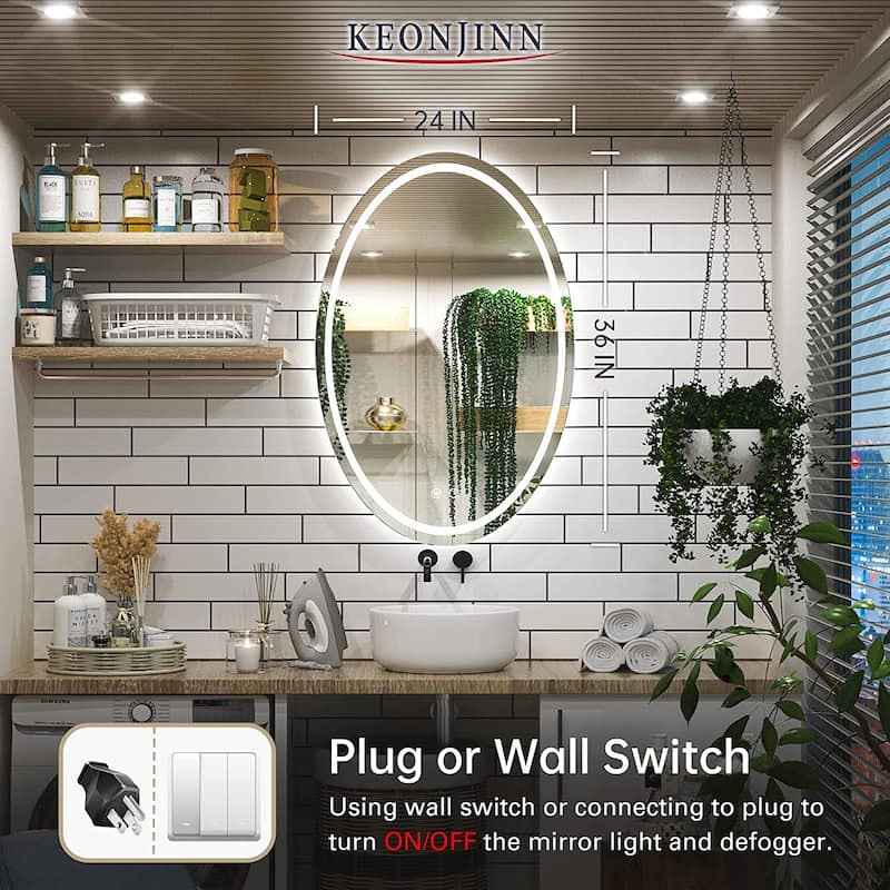 KEONJINN Oval Frameless Wall Mounted LED Bathroom Mirror Anti-Fog Dimmable