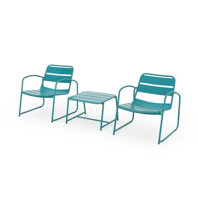 Roomfitters Outdoor Chat Set 3 Piece Metal Conversation Seating Slat Design Iron Chairs
