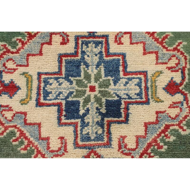 Green Geometric Kazak Accent Rug Hand-Knotted Wool Carpet - 2'9" x 3'11"