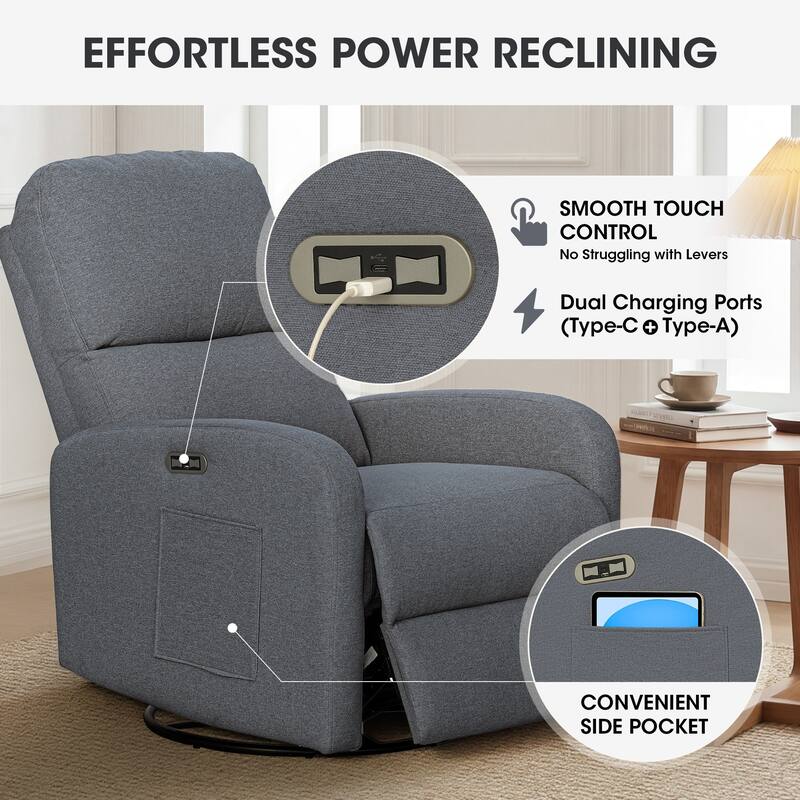 INK IVY Dakota Power Recliner 3-in-1 with Swivel, Glider, USB Ports