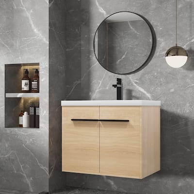 Classic Farmhouse Style Wall-Mounted Wooden Bathroom Vanity with Resin Countertop Sink