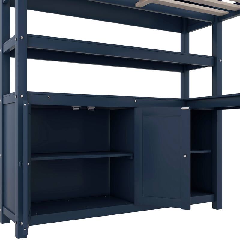 Full Size Pine Wood Loft Bed with Cabinet and Bookshelf, Wardrobe and Desk for Kids