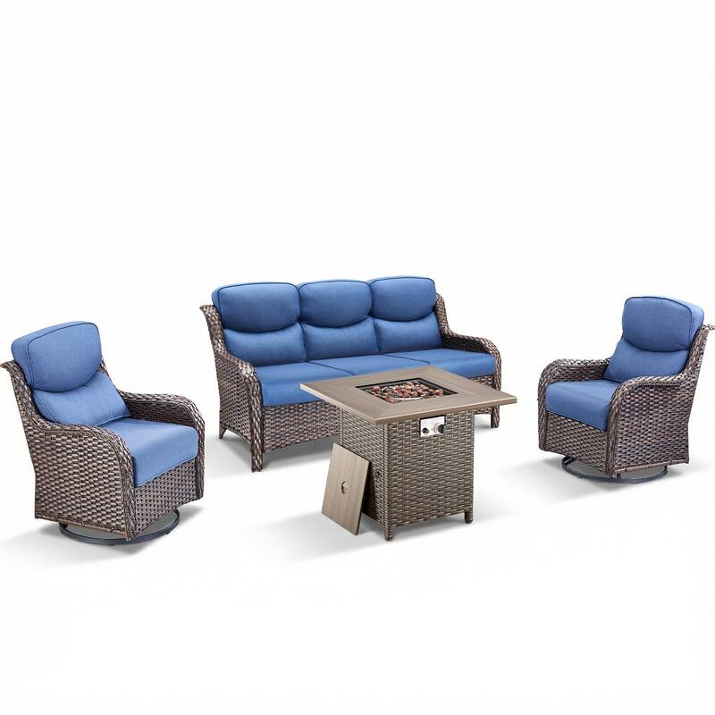 Pocassy Outdoor Propane Fire Table with Sofa Swivel Chair Table Funiture Set.