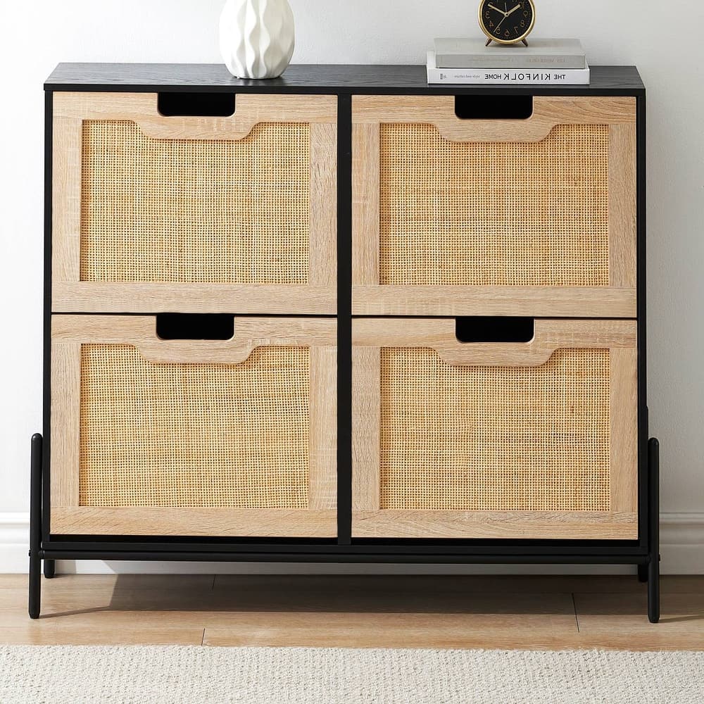 Natural Rattan 4 Flip Door Shoe Storage Cabinet