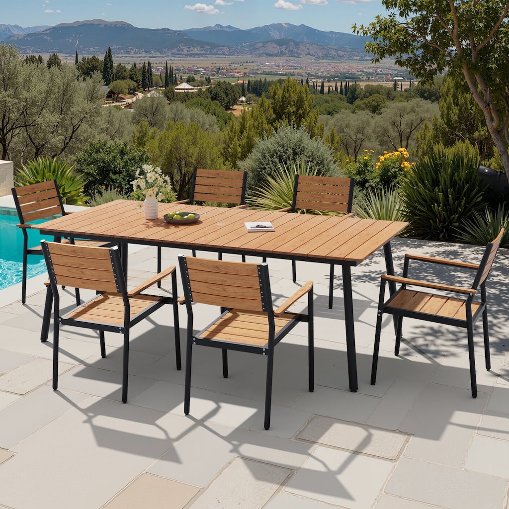 7-Piece Outdoor Patio Dining Set Wood-Like Table Top Alumium Umbrella Hole Table with Stackable Armrest Dining Chairs