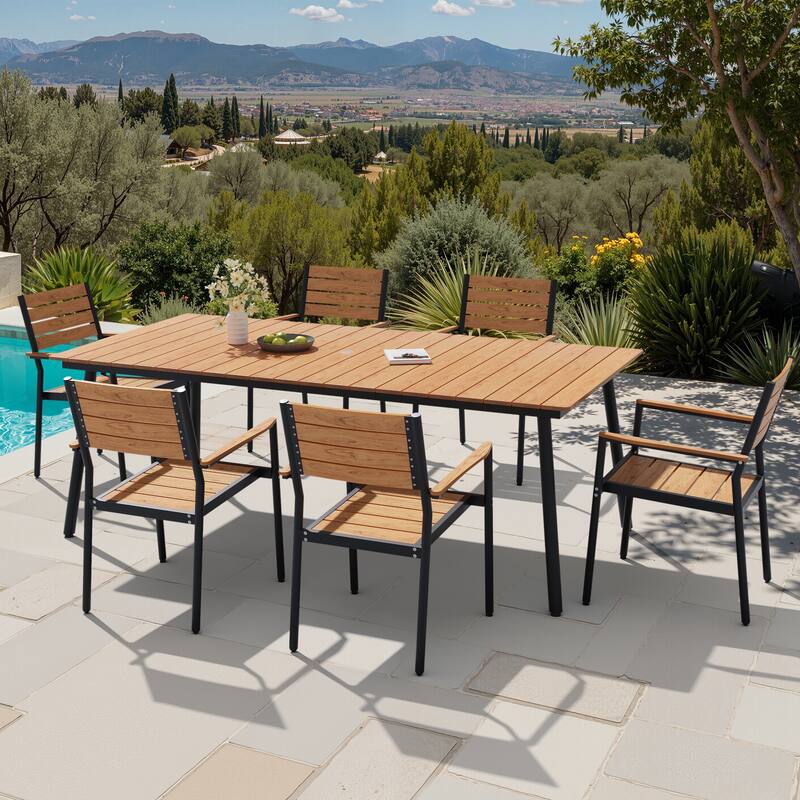 7-Piece Outdoor Patio Dining Set Wood-Like Table Top Alumium Umbrella Hole Table with Stackable Armrest Dining Chairs - Brown