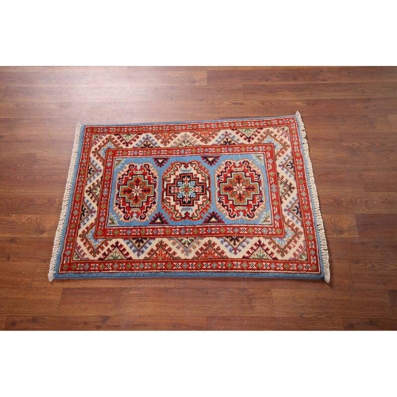 Traditional Kazak Foyer Rug Hand-Knotted Blue Wool Carpet - 2'0" x 2'9"