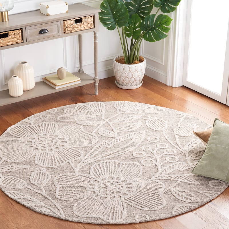 SAFAVIEH Handmade Jardin Mevlija Floral Wool Rug - 6' Round - Natural/Ivory - Round