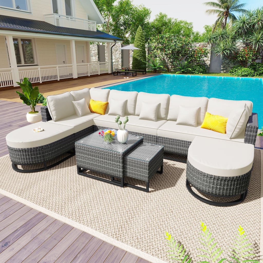 7 Pieces Large Size Outdoor Wicker Sofa Set, Outdoor Sectional Patio Sofa Set with 2 Coffee Table and Pillows for Garden