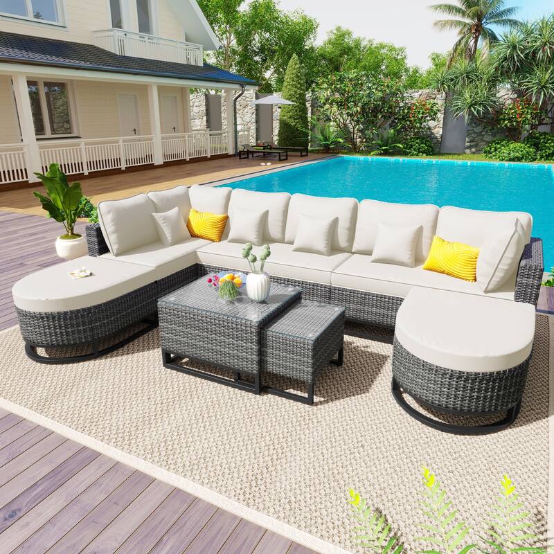7-Pieces Large Size Wicker Sofa Set with 2 Coffee Table & Pillows - Beige