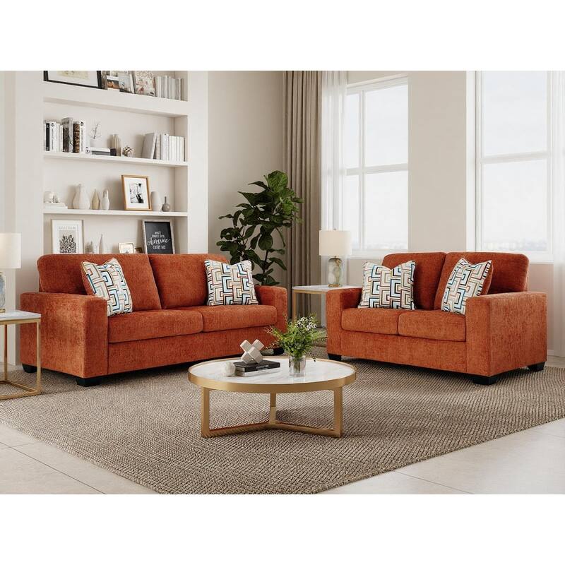 Roundhill Furniture Amoria 2-Piece Living Room Set with Four Accent Pillows, Rust Terra Chenille Upholstery