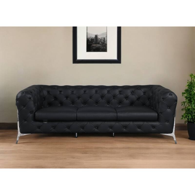 HomeRoots 93" Black Italian Leather Sofa With Silver Legs - 31" H x 93" W x 38" D