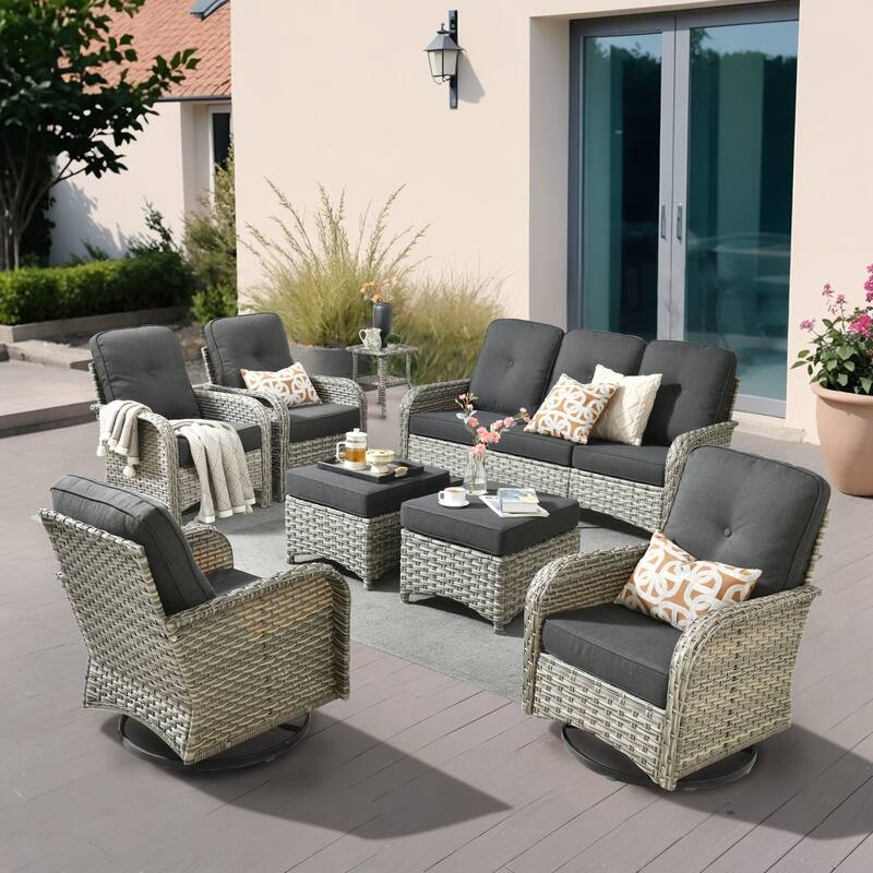 OVIOS 8-piece Patio Wicker Conversation Furniture Set With ottomans - Black