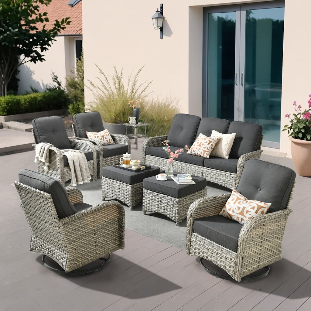 OVIOS 8-piece Patio Wicker Conversation Furniture Set With ottomans
