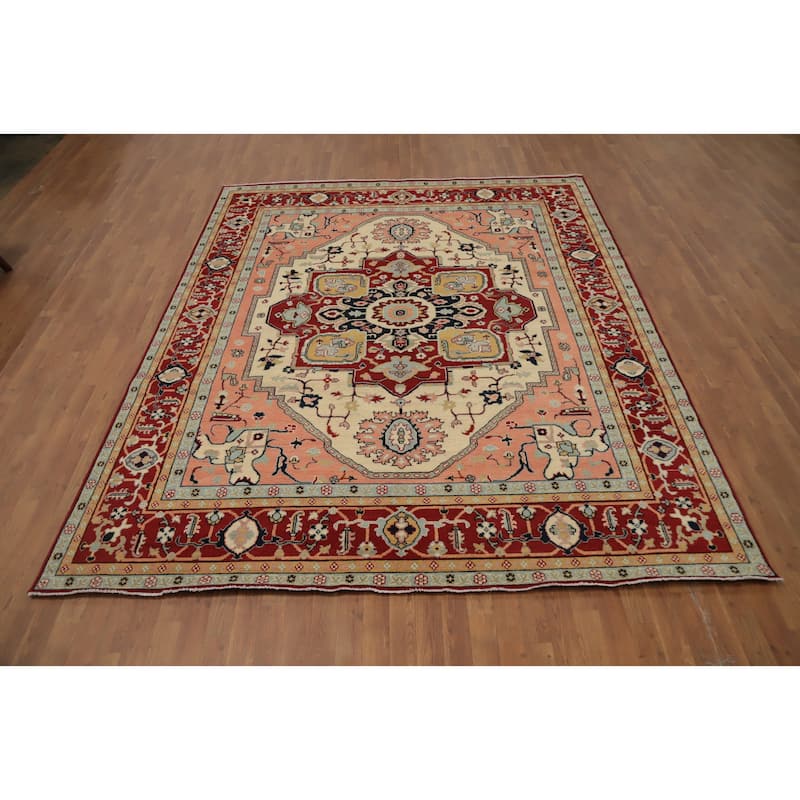 Hand Knotted Oriental 100% Wool Carpet Traditional Medallion Beige & Ivories Heriz (serapi) Area Rug - 10' 1'' X 8' 2''