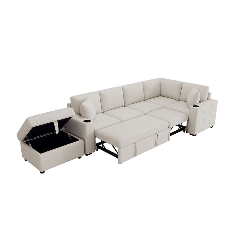 84.7" Chenille Modular Sectional Sofa with Pull-Out Sleeper, Storage Ottoman & USB Ports - Convertible U/L-Shaped Design