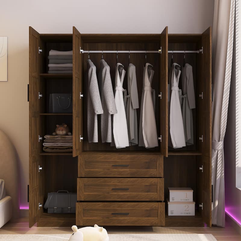 6 Door Armoire Wardrobe Closet with Big 3 Drawers, Wooden Freestanding Bathroom Armoire Cabinet with Shelves and Hanging Rod