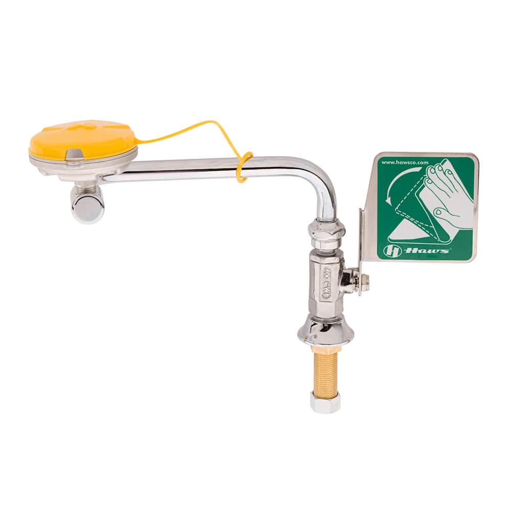 Haws Swing-away eyewash designed to be mounted on right side of sink.