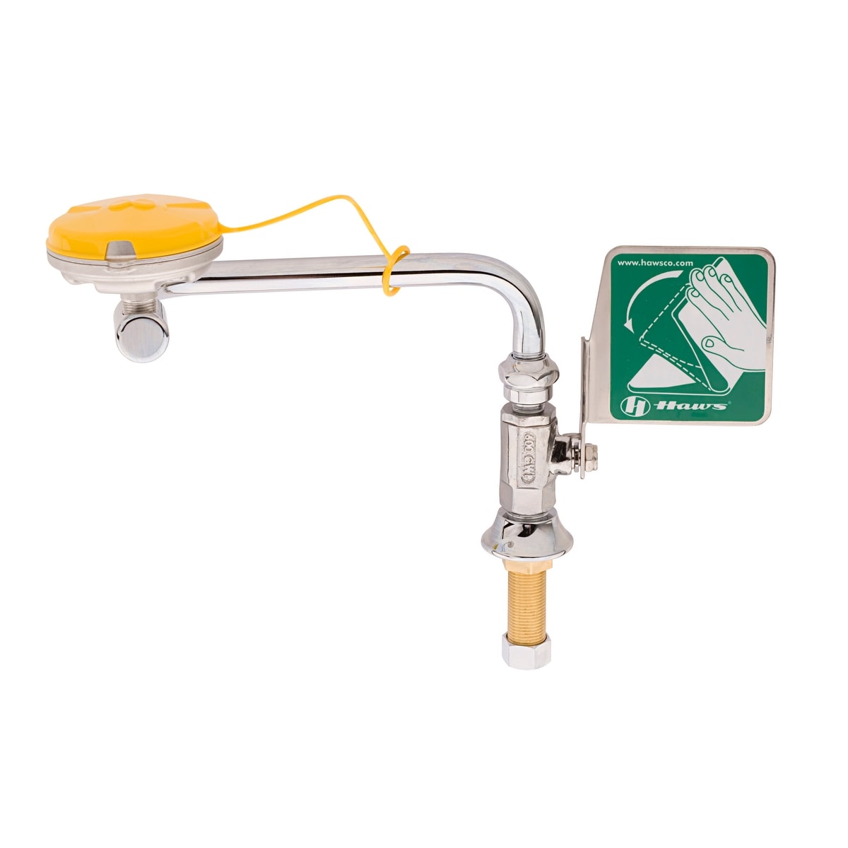 Haws Swing-away eyewash designed to be mounted on right side of sink.