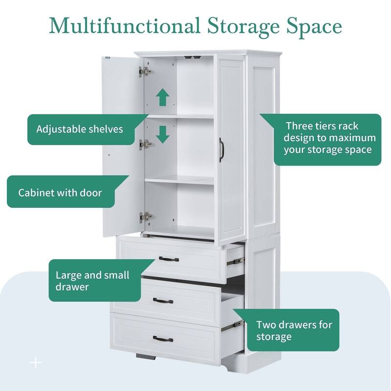 Tall Bathroom Storage Cabinet, Freestanding Floor Cabinet with Two Doors and Drawers, Adjustable Shelf