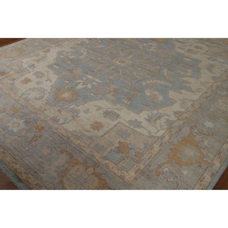 Hand Knotted Oriental 100% Wool Carpet Transitional Floral Navy Blue & Blues Oushak Area Rug - 9' 8'' X 8' 7''