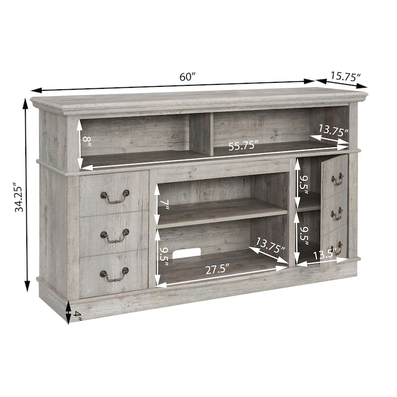 60" Farmhouse Rustic TV Stand for 65" TV, Traditional Entertainment Console with Cabinets, Shelves & Cable Management
