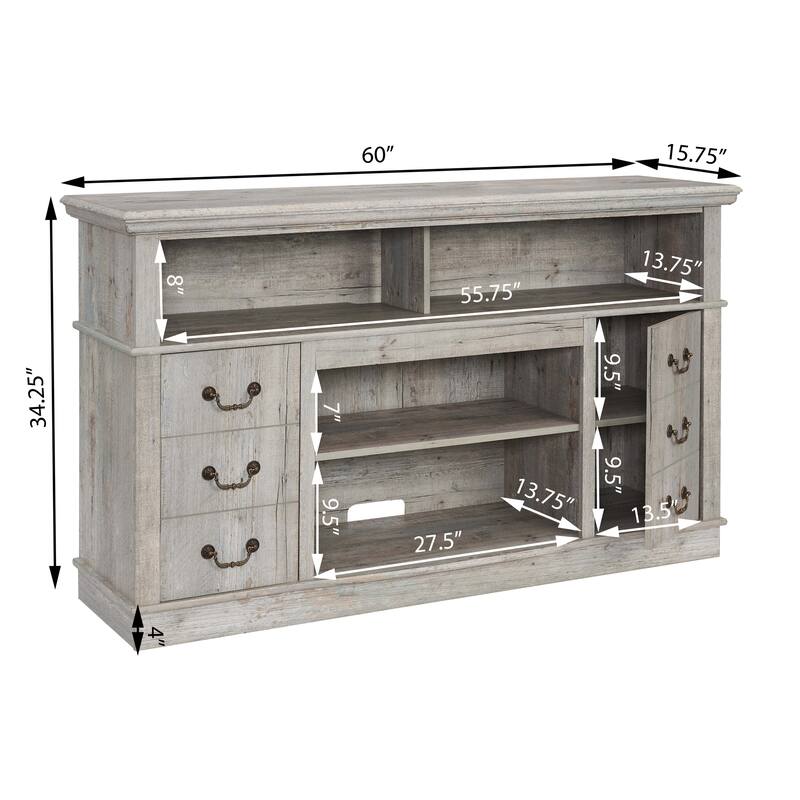 Country-Style TV Stand, for TVs Up 65'', With Drawer Doors and Open Shelving, for The Living Room, Light Gray