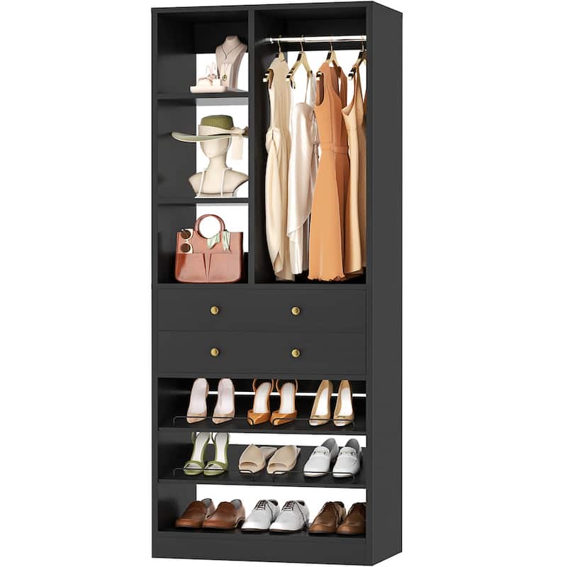 27.7'' Closet Organizer with Shoe Racks and Drawers, Closet System with Hanging Rod and Adjustable Shelves - Black - 1pc