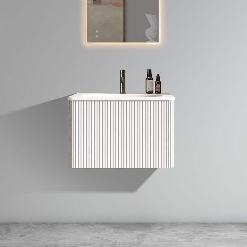 Modern Wall Mounted Striped Bathroom Vanity with Ceramic Sink