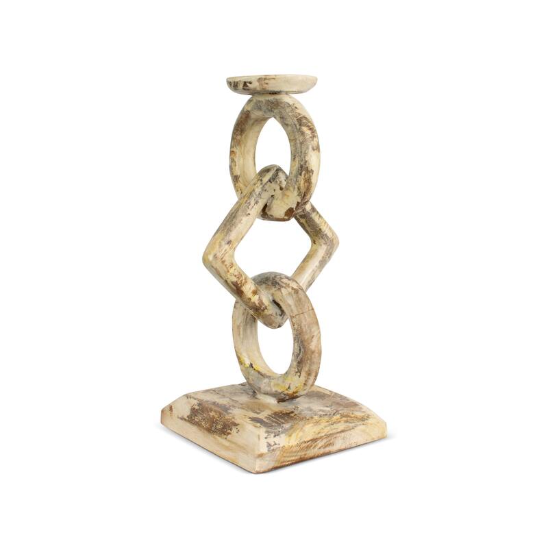 Wood Chain Link Candle Holder Hand Carved Rustic Whitewashed Candle Stand, Decorative Accent