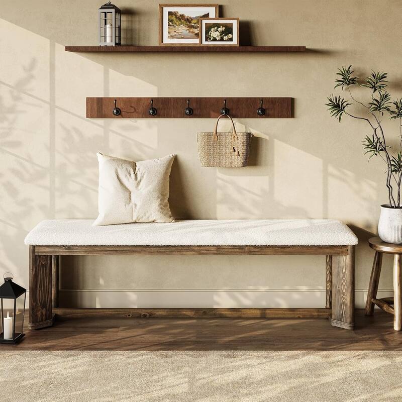63" Solid Wood Upholstered Bench, Modern Rustic Entryway Bench with Cushion - 62.99" W x 13.78" D x 18.11" H