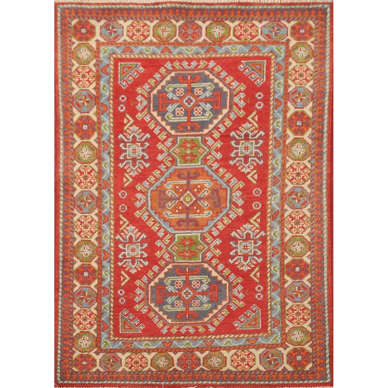 Geometric Kazak Accent Rug Handmade Wool Carpet - 2'10" x 4'0"
