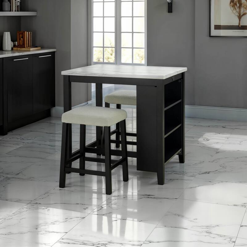 Furniture of America Manter 3-Piece Black Wood 3-Shelf Counter Height Dining Table Set with USB Ports - Black