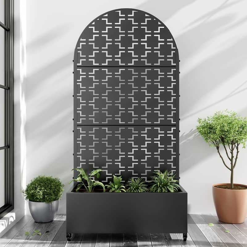 Metal Movable Planter Box with Trellis Privacy Screen Planter Box with Lockable Wheels - Black3