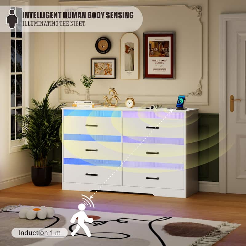 6 Drawers Dresser With LED Light and USB Port