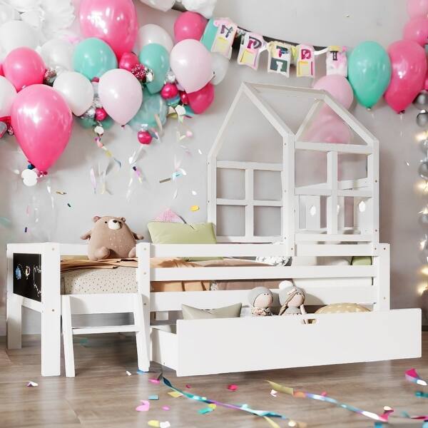 slide 2 of 13, Solid Wood Full Size House Bed with Ladder and Storage Drawers and 2 Blackboard,Kids and Baby White