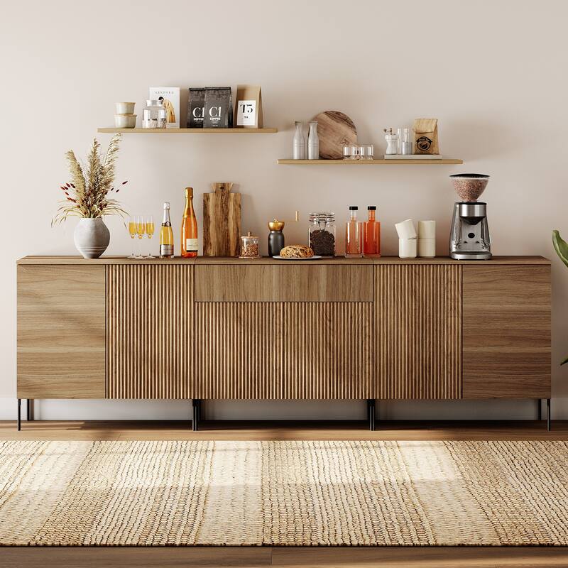 94.5" Modern Reeded 6-Door Sideboard With Drawers, 3-In-1 Wooden Credenza - Walnut