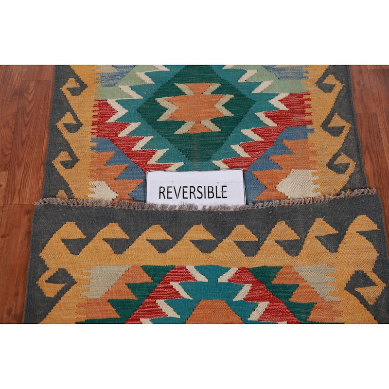 Hand Woven Oriental 100% Wool Carpet Southwestern Geometric Multi-Colored Kilim Runner Rug - 12' 8'' X 2' 9''