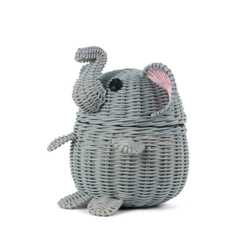 Gray Elephant Rattan Storage Basket With Lid Hand Woven Shelf Organizer Cute Handmade Gift Wicker