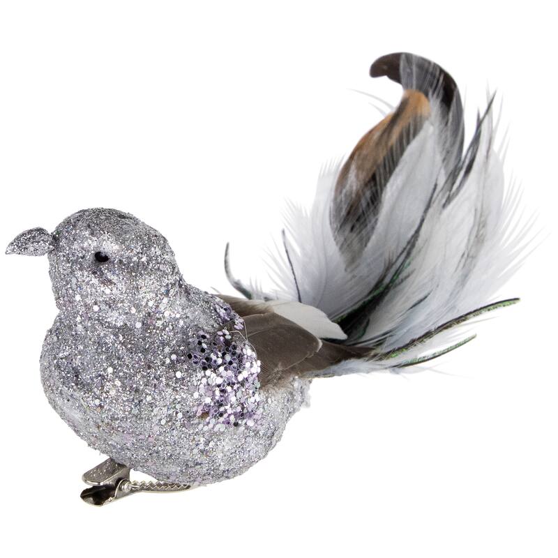 8" Silver Glitter Embellished Bird Clip Feathers Christmas Ornament