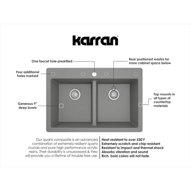 Karran 33" Top Mount Double Bowl 50/50 Quartz Kitchen Sink in Grey with Kitchen Faucet in Matte Black