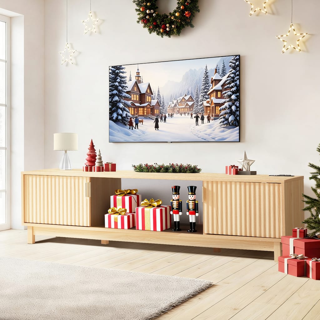 EROMMY 58/70 inch Mid Century Modern TV Stand with Fluted Doors, Entertainment Center with Power Outlet & Cable Management