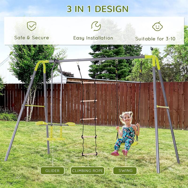 Grey-Green Metal A-Frame Outdoor Swing Set with Glider and Rope Ladder - 84.75"/116.25" L x 54.25" W x 69" H