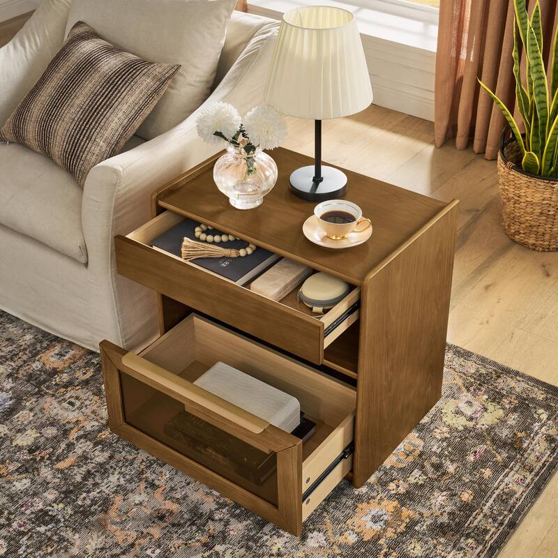 Mid Century Modern Nightstand with Charging Station & Outlet Hole & 2 Drawers